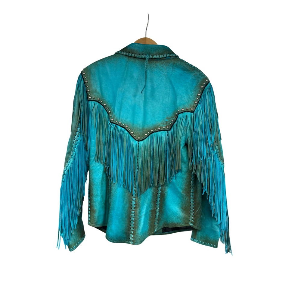 Gamino Turquoise Leather Fringe Western Jacket Studded Boho Whipstitch XL - Picture 7 of 12